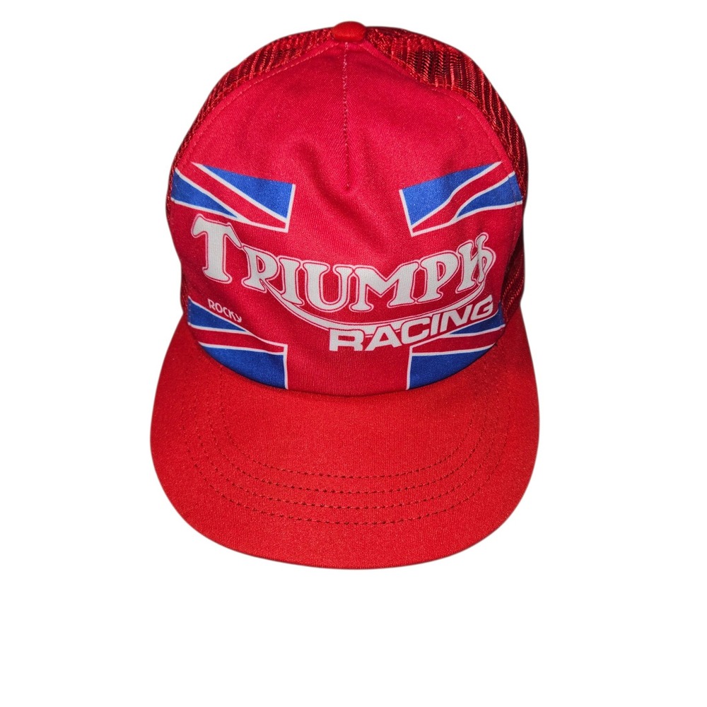 VTG 80s Triumph Racing Trucker Hat Union Jack Mesh Snapback Red Sz OSFA